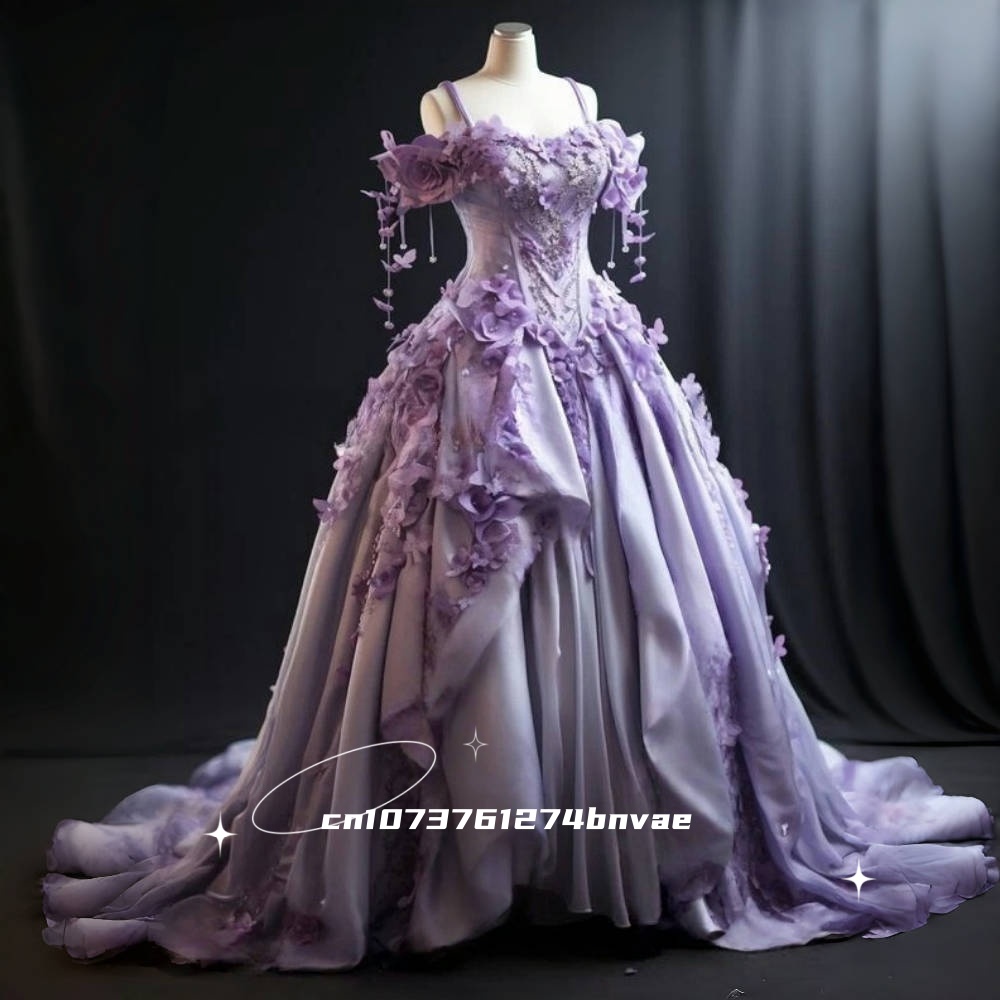 Victorian Women'S Formal Wear - エレガントな花柄ビクトリア朝のウエディングドレスオフショルダーラベンダーサテンボールガウンフォーマルな機会のイブニングドレスカスタマイズされた女性の摩耗