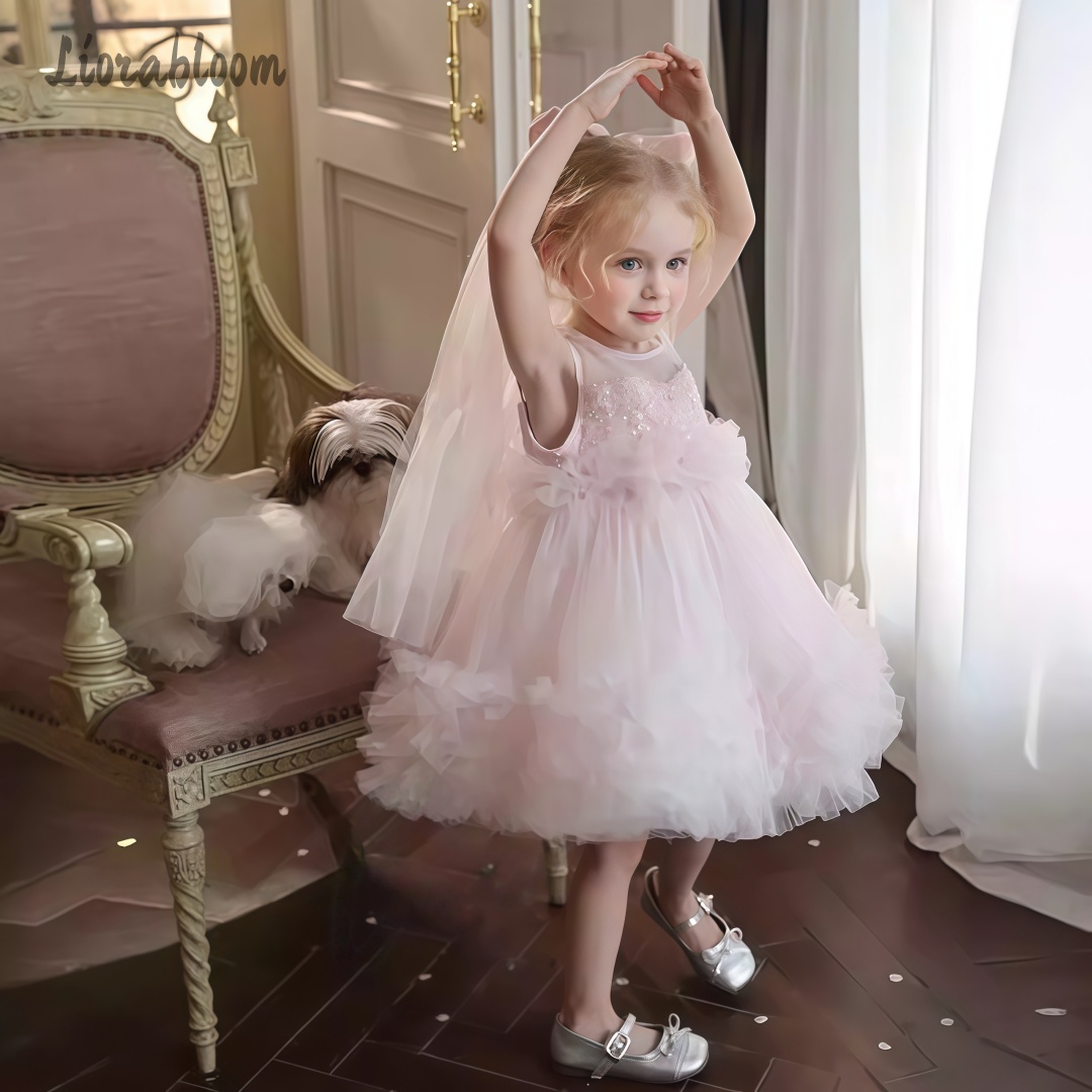 Women'S Formal Wear For Girls - 女の子用チュールガウン レイヤードスカートデザイン フラワーガールドレス ウェディング衣装 女の子用フォーマルウェア パーティードレス