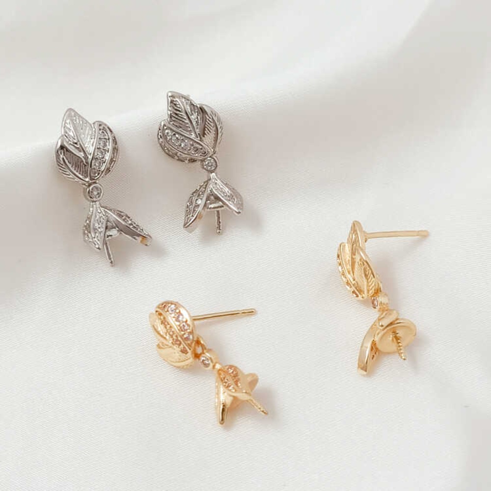 Pearl Earring Stud - 14Kマイクロジルコニウムバロックブラッシュドマグノリアフラワー手作りパール空スタンド925シルバーニードルスタッドイヤリングDIYイヤリング