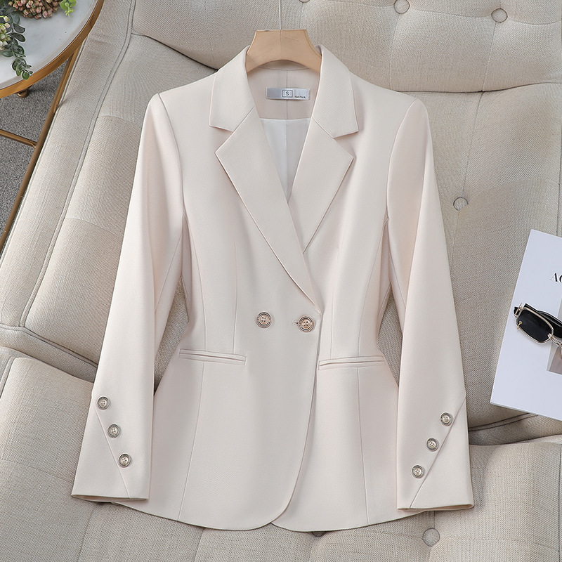 女性ダブルブレストソリッドブレザー秋アプリコットブラックカー - Formal Winter Wear Women Jacket のレビューと価格